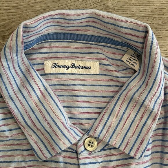 Tommy Bahama 100% Silk Camp Shirt Mens Large Blue Striped Casual Button Down - Picture 2 of 7